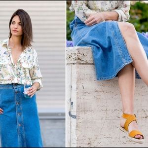 Midi length denim button down skirt